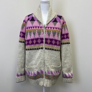Lost Horizons Wool Fleece Lined Cardigan Sweater XL Pink Purple Fair Isle Nepal